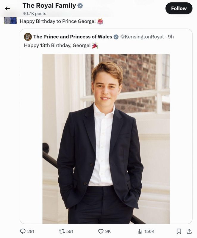 El príncipe Jorge, nieto del rey Carlos III, cumple 13 años y la Casa Real publica su foto