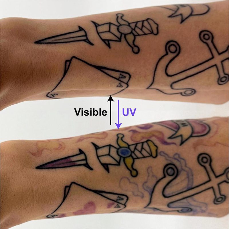Una tinta para tatuajes hace que solo se vean después de aplicarles luz