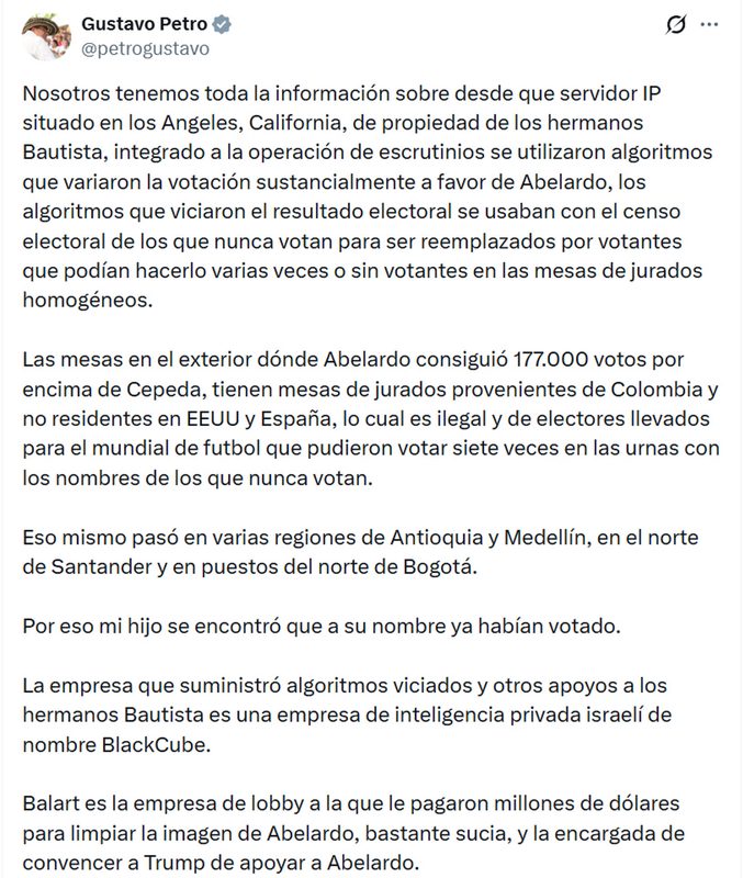 Petro rechaza la legitimidad del Gobierno de De la Espriella e insiste en fraude electoral